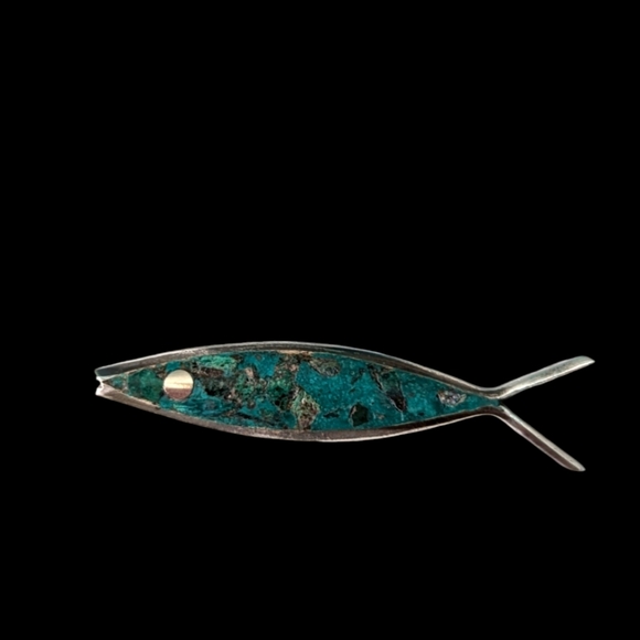 Vintage Taxco Silver Turquoise Fish Brooch/ Pin - Picture 2 of 4